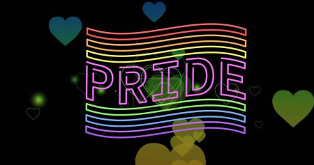 Image of pride text, flag and rainbow hearts. Pride month, lgbtq, human rights and equality concept digitally generated image.