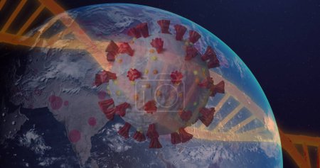 Foto de Imagen de la célula Covid 19 del coronavirus 3D con la hebra de ADN giratoria flotando sobre el globo giratorio. Imagen generada digitalmente por concepto pandémico de coronavirus global. - Imagen libre de derechos