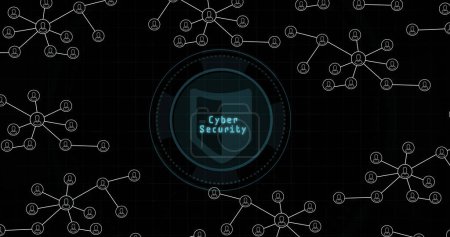 Cyber security text over round scanner and network of digital icons against black background. Global networking and cyber security technology concept