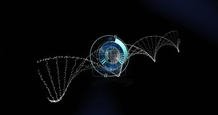 Foto de Imagen del escaneo del visor sobre la hebra de ADN sobre fondo negro. Ciencia global e interfaz digital concepto de imagen generada digitalmente. - Imagen libre de derechos