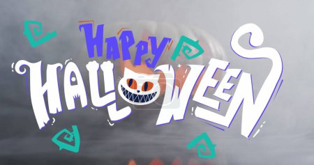 Photo for Happy halloween text banner against smoke effect over pumpkin against grey background. halloween festivity and celebration concept - Royalty Free Image