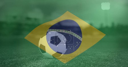 Photo for Image of flag of brazil over football on stadium. Global sport, patriotism and digital interface concept digitally generated image. - Royalty Free Image