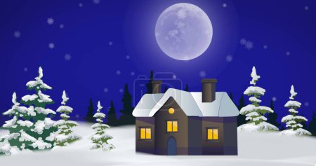 Foto de Copos de nieve cayendo sobre múltiples árboles e icono de la casa en el paisaje de invierno sobre fondo azul. fiesta de Navidad y concepto de celebración - Imagen libre de derechos