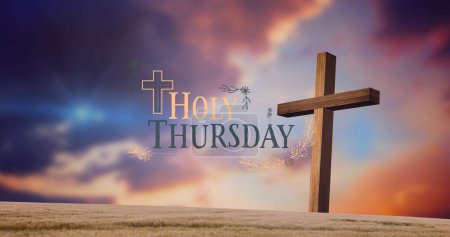 Photo for Image of cross and clouds at easter over holy thursday text. easter, tradition and celebration concept digitally generated image. - Royalty Free Image