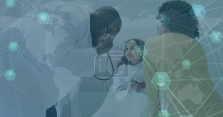 Image of medical data processing over african american male doctor. Global healthcare, science, medicine, research, computing and data processing concept digitally generated image.