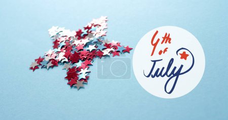 Photo for Image of 4th of july text and stars of united states of america on blue background. American independence day, tradition and celebration concept digitally generated image. - Royalty Free Image