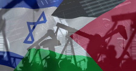 Photo for Image of oil rigs and financial data processing over flag of palestine and israel. Palestine israel conflickt, finance, business and data processing concept digitally generated image. - Royalty Free Image
