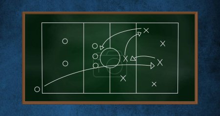 Imagen de la estrategia de juego de fútbol dibujado en pizarra verde sobre fondo azul texturizado. Torneo deportivo y concepto de competición