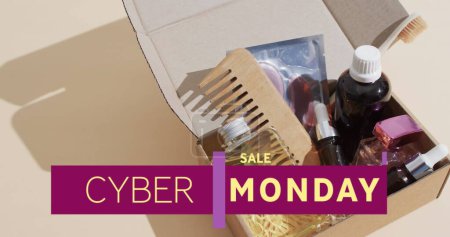 Image of cyber monday sale text over gift box. Sales, retail, cyber shopping, digital interface, communication, computing and data processing concept digitally generated image.