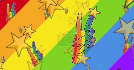 Photo for Image of stars over rainbow hands with rainbow background. pride month celebration concept digitally generated image. - Royalty Free Image