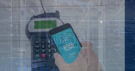 Image of data processing over hand paying with smartphone. Global business and digital interface concept digitally generated image.