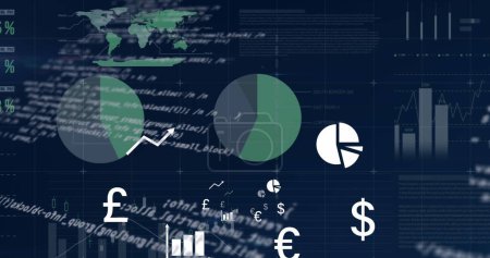 Bild der Finanzdatenverarbeitung auf schwarzem Hintergrund. Globales Finanzgeschäft und digitales Schnittstellenkonzept digital generiertes Image.