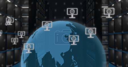 Image of globe and computer icons over computer servers. Global cloud computing, digital interface and data processing concept digitally generated image. 