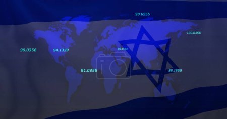 Téléchargez les photos : Image de carte et traitement de données sur le drapeau d'Israël. Palestine Israël conflit, finance, commerce et politique mondiale concept image générée numériquement. - en image libre de droit
