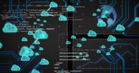 Photo for Image of cloud icons and data processing over globe and screens. Global connections, digital interface, data processing and cloud computing concept digitally generated image. - Royalty Free Image