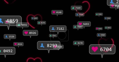 Image of neon hearts over social media reaction on black background. Social media, network and technology concept digitally generated image.