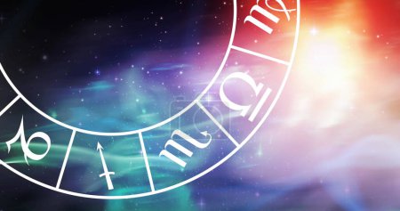 Photo for Image of aquarius star sign symbol in spinning horoscope wheel over glowing stars. horoscope and zodiac sign concept digitally generated image. - Royalty Free Image