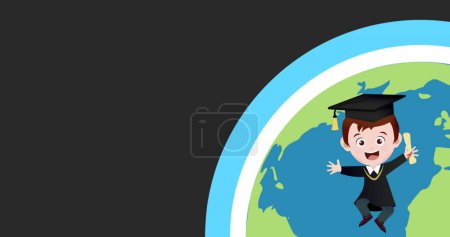 Image of schoolboy with globe icon on black background. Universal childrens day and celebration concept digitally generated image.
