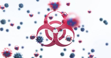 Foto de Imagen de un signo de virus rojo y células macro Covid-19 flotando sobre fondo blanco con un icono de ADN. Compuesto digital del concepto pandémico de Coronavirus Covid-19. - Imagen libre de derechos