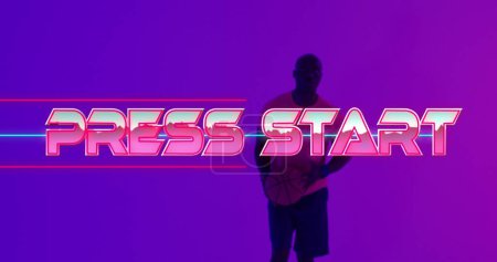 Photo for Image of press start text over neon pattern and african american basketball player. Sports, competition, image game and communication concept digitally generated image. - Royalty Free Image