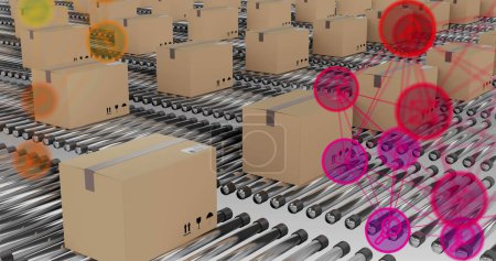 Photo for Image of networks of connections over cardboard boxes on conveyor belts. Global shipping and delivery concept digitally generated image. - Royalty Free Image