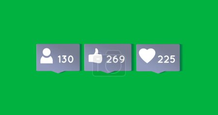 Photo for Digital image of follow, like and heart icons and increasing numbers inside grey chat boxes on a green background - Royalty Free Image