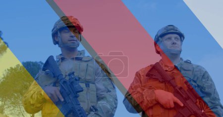 Image of flag of ukraine and russia over diverse male soldiers with weapon. ukraine crisis and international politics concept digitally generated image.