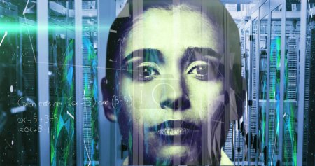 Photo for Image of mathematical equations data, molecules and lights moving over portrait of biracial woman and computer server room. Global science digital network digital composite. - Royalty Free Image
