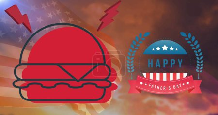 Image of happy father's day text with american flag elements, and red hamburger. patriotism, independence and celebration concept digitally generated image. 