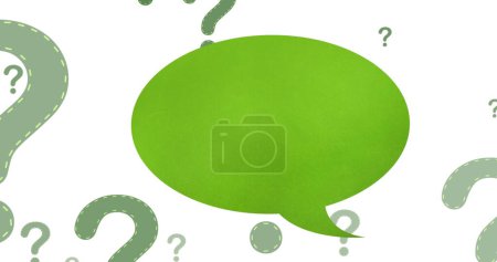 Photo for Image of speech bubble over question marks on white background. Global education and digital interface concept digitally generated image. - Royalty Free Image