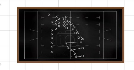 Photo for Image of football game strategy drawn on black chalkboard against squared lined paper background. Sports tournament and competition concept - Royalty Free Image
