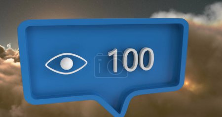 Photo for Image of eye icon with numbers on speech bubble over sky and clouds. global social media and communication concept digitally generated image. - Royalty Free Image