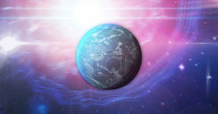 Foto de Imagen de planeta azul sobre el espacio rosa y azul con estrellas. Planetas, cosmos y concepto universal imagen generada digitalmente. - Imagen libre de derechos