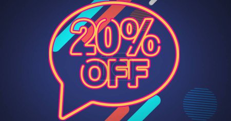 Photo for Image of 20 percent off text over a speech bubble against abstract shapes on blue background. Sale discount and retail business concept - Royalty Free Image