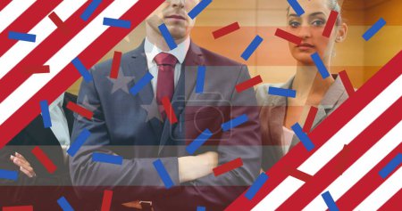 Téléchargez les photos : Image de confettis colorés en drapeau américain sur les hommes d'affaires. patriotisme et concept de célébration image générée numériquement. - en image libre de droit
