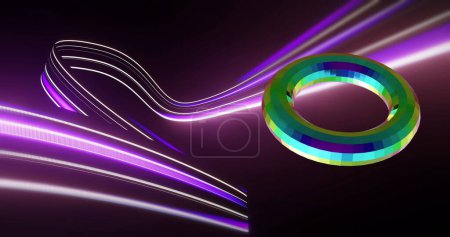 Image of 3d multicoloured shape over neon purple light trails on black background. Abstract, colour, shape and movement concept digitally generated image.