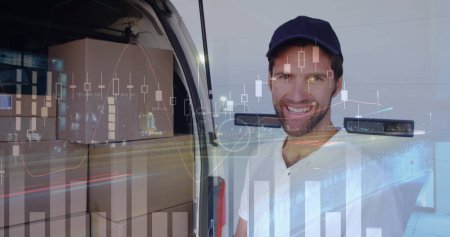 Photo for Close up of a Caucasian delivery man writing on a clip board behind a delivery van filled with packages. Digital image of graphs and statistics are seen running in the foreground - Royalty Free Image