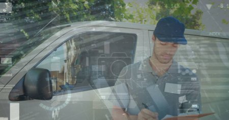Statistical data processing against portrait of caucasian delivery man with clipboard smiling. logistics and transportation business concept