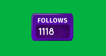 Digitales Bild der wachsenden Zahl von Followern in einem lila Kasten auf grünem Hintergrund 4k