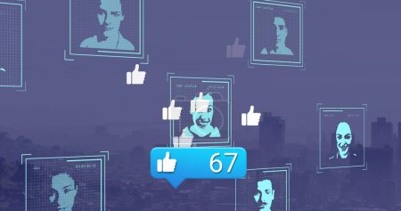 Image of social media reactions and user photos over violet citycape. Social media, network and communication concept digitally generated image.