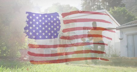 Photo for Image of flag of united states of america waving over smiling african american family. american patriotism, independence and celebration concept digitally generated image. - Royalty Free Image