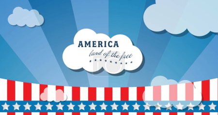 Bild von Amerika Land des freien Textes über Rakete und Wolken. Patriotismus und Feierkonzept digital generiertes Image.