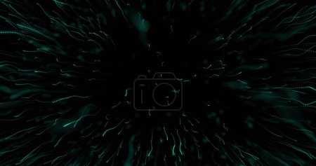 Digitales Bild einer grünen Lichtspur, die vor schwarzem Hintergrund explodiert. Technologie-Hintergrund mit abstraktem Texturkonzept