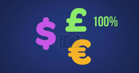Photo for Image of US dollar, euro and pound sterling currency symbols and and percent increasing from zero to one hundred filling in green, purple and yellow colours on dark blue background 4k - Royalty Free Image