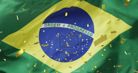 Téléchargez les photos : Image de confettis sur le drapeau du Brésil. Patriotisme mondial, célébration, sport et concept d'interface numérique image générée numériquement. - en image libre de droit