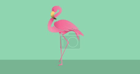 Bild eines rosafarbenen Flamingos auf grün-schwarzem Hintergrund. Tiere, Symbole und Hintergrundkonzept digital generiertes Bild.