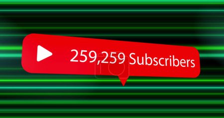 Image of subscribe and increasing numbers over black and green lines. Social media and technology concept digitally generated image.