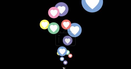 Téléchargez les photos : Image numérique des icônes du cœur en cercles colorés se déplaçant vers le haut sur un fond noir 4k - en image libre de droit