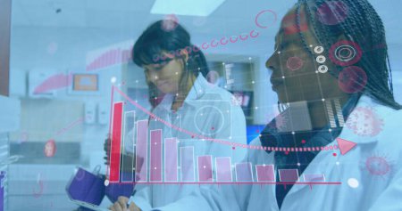 Image of digital interface showing statistics with female scientists working in lab. healthcare, medical research and protection during coronavirus covid 19 pandemic, digitally generated image.