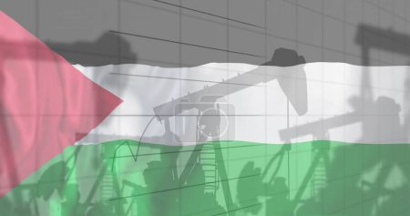 Téléchargez les photos : Image des plates-formes pétrolières et le traitement des données financières sur le drapeau de palestine. Palestine israël conflickt, finance, entreprise et informatique concept image générée numériquement. - en image libre de droit
